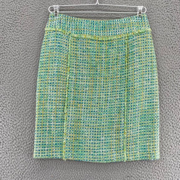 J McLaughlin Skirt Womens 8 Green Blue Tweed Silk Shimmer Fringe Mini Everyday - Picture 1 of 10
